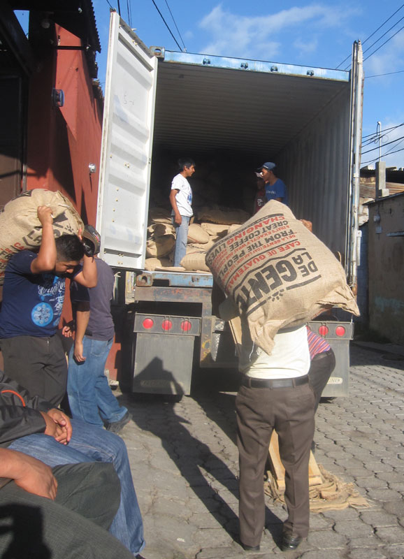 Loading the first container of coffee, one 150-lb sack at a time.