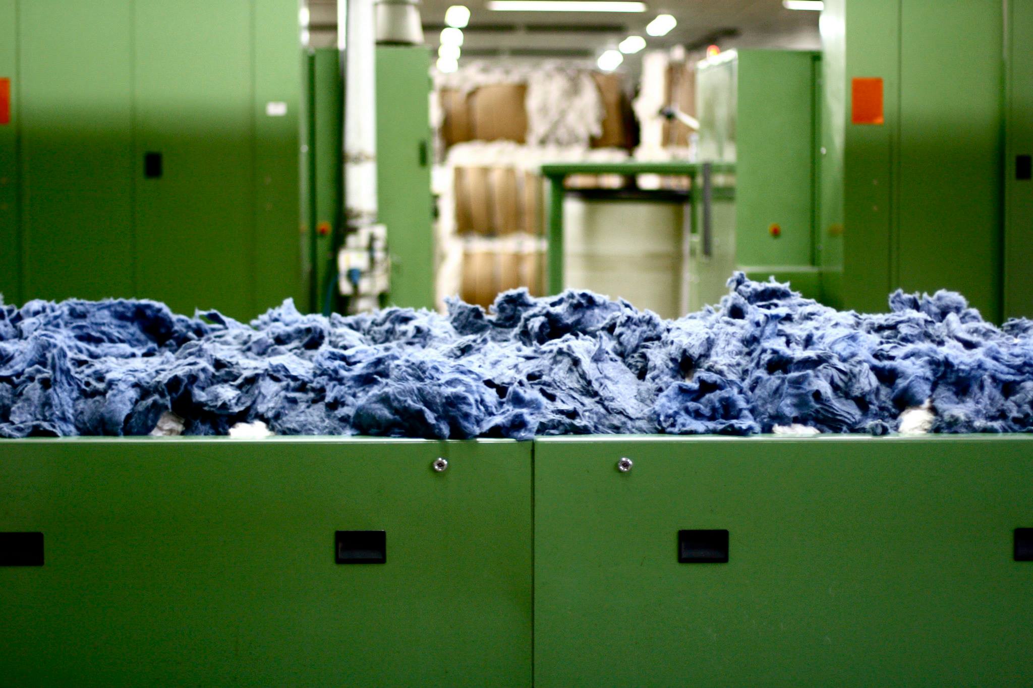 Denim waste that has been turned back into fiber