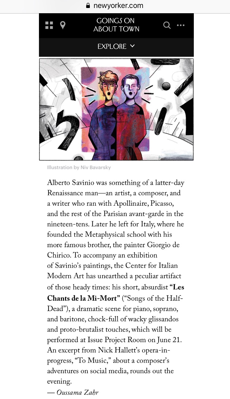 Illustrated in The New Yorker magazine with Lucy Dhegrae for Les Chants de la Mi-Mort at Issue Project Room. Illustration by Niv Bavarsky. www.newyorker.com