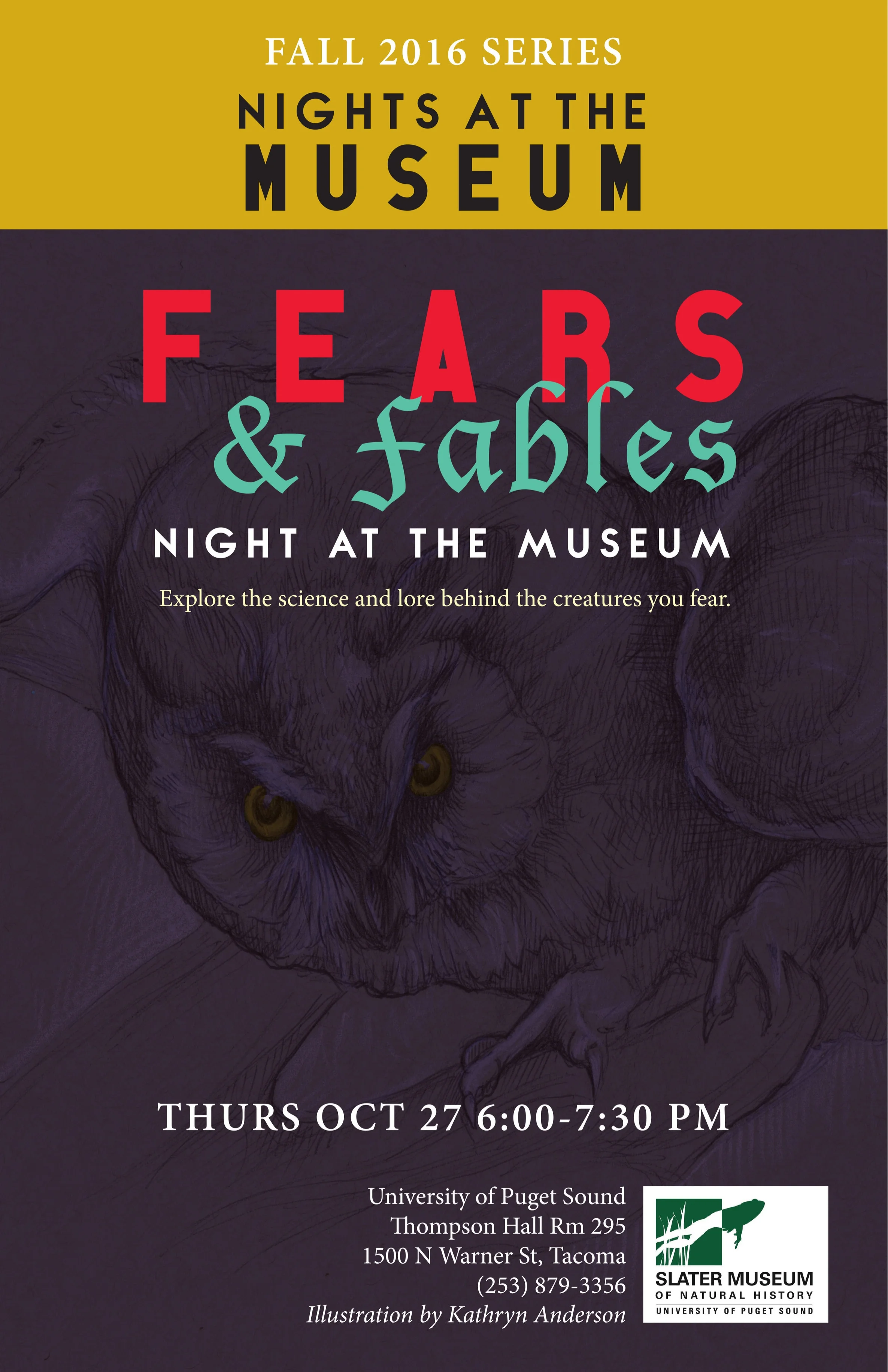 Flyer design incorporates a visitor's illustration of a taxidermied owl.