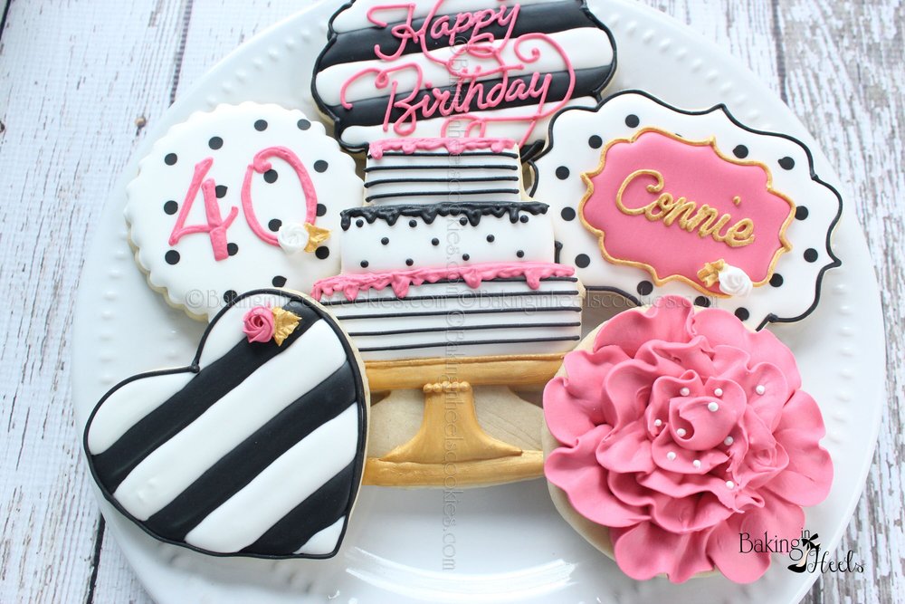 Kate Spade Birthday Inspired Cookies, Birthday Cookies, 40th Birthday, 30th  Birthday, Flower Cookies, Cake Cookies, Pink Black White Cookies — Baking  in Heels