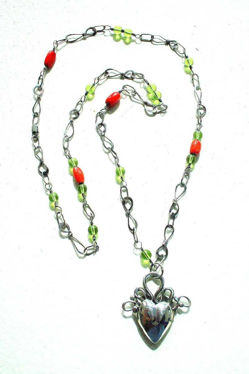 Silver heart and chain with peridot and coral beads