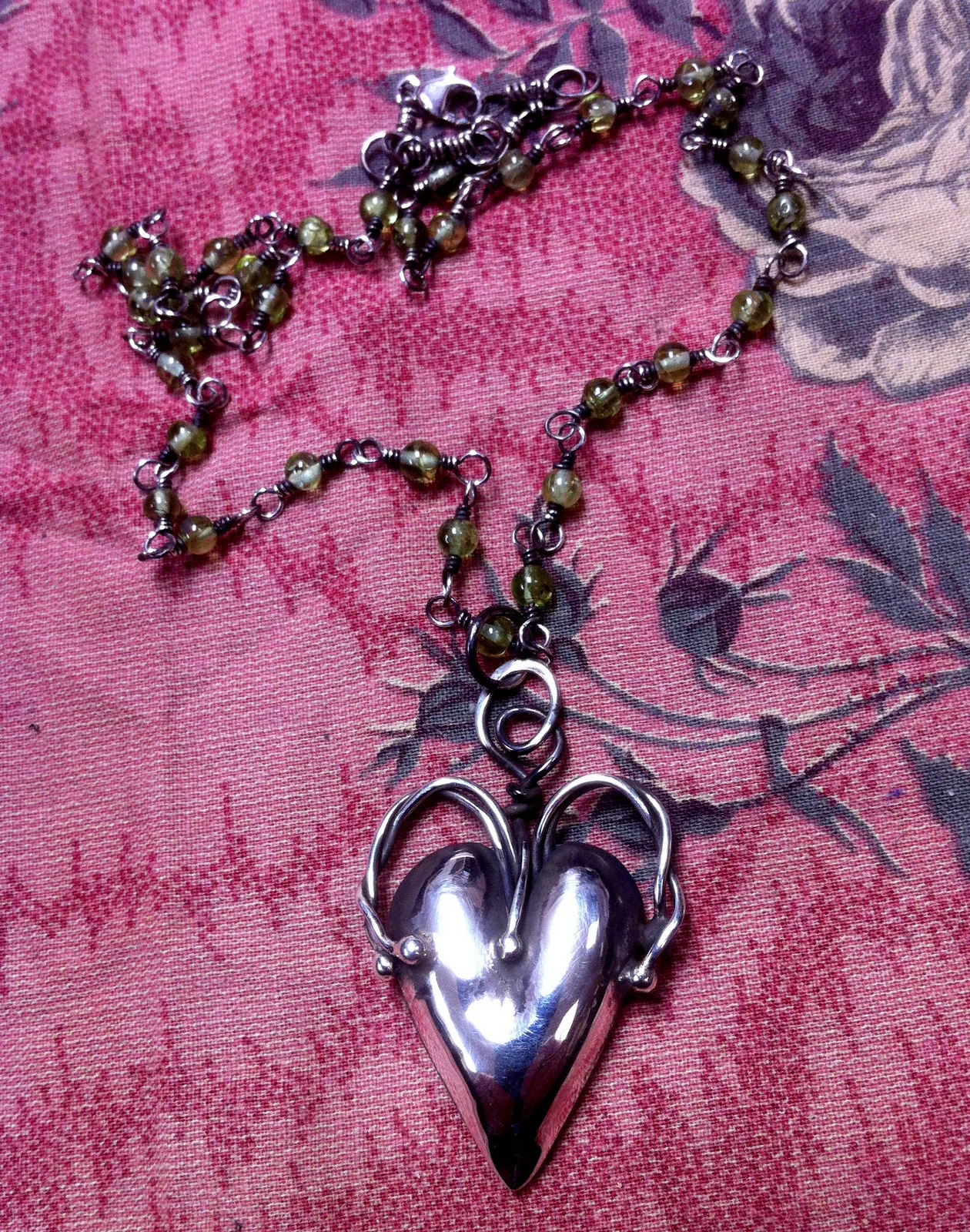 Silver Heart and Chain with peridot beads