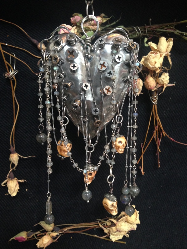 Screwed Heart with labradorite beads and bone skulls