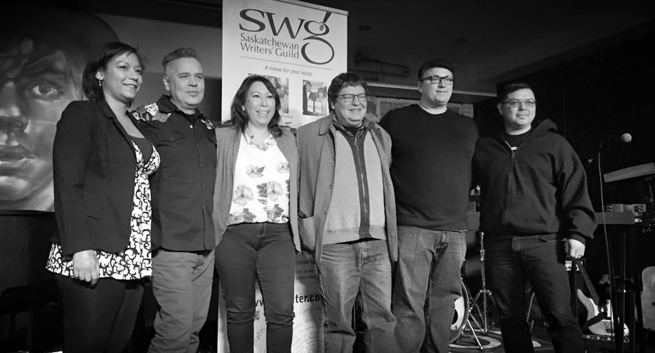Pictured (L-R): Dominga J. Robinson (Aboriginal Program Coordinator - SWG), Kevin McKenzie, Dr. Shauneen Pete, Jesse Barber, Ryan McMahon & Adam Martin (Artistic Director, Sakewewak) Photo Courtesy: Michelle Brownridge, SaskCulture