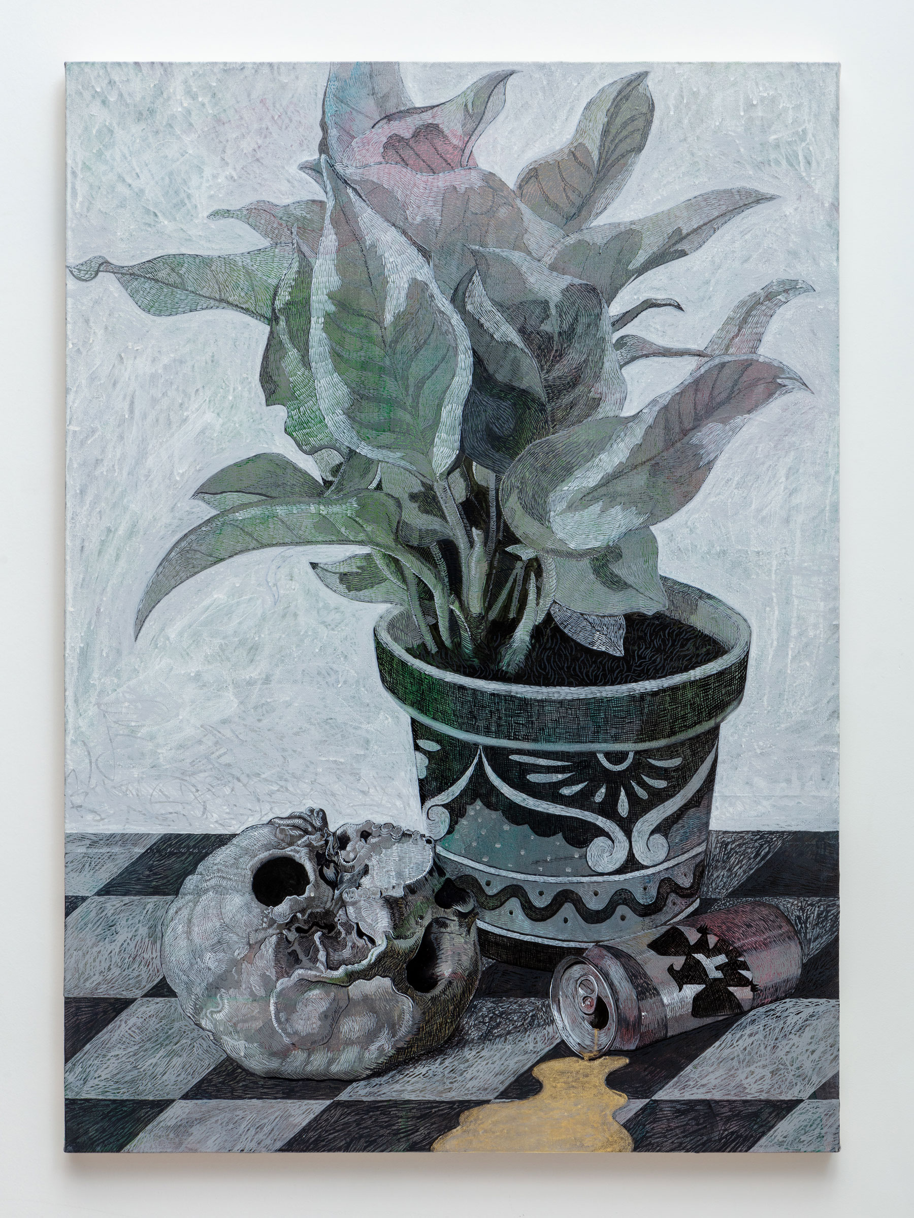Plant Still Life with Spilt Beer , 2018 acrylic on canvas 38 x 27 inches