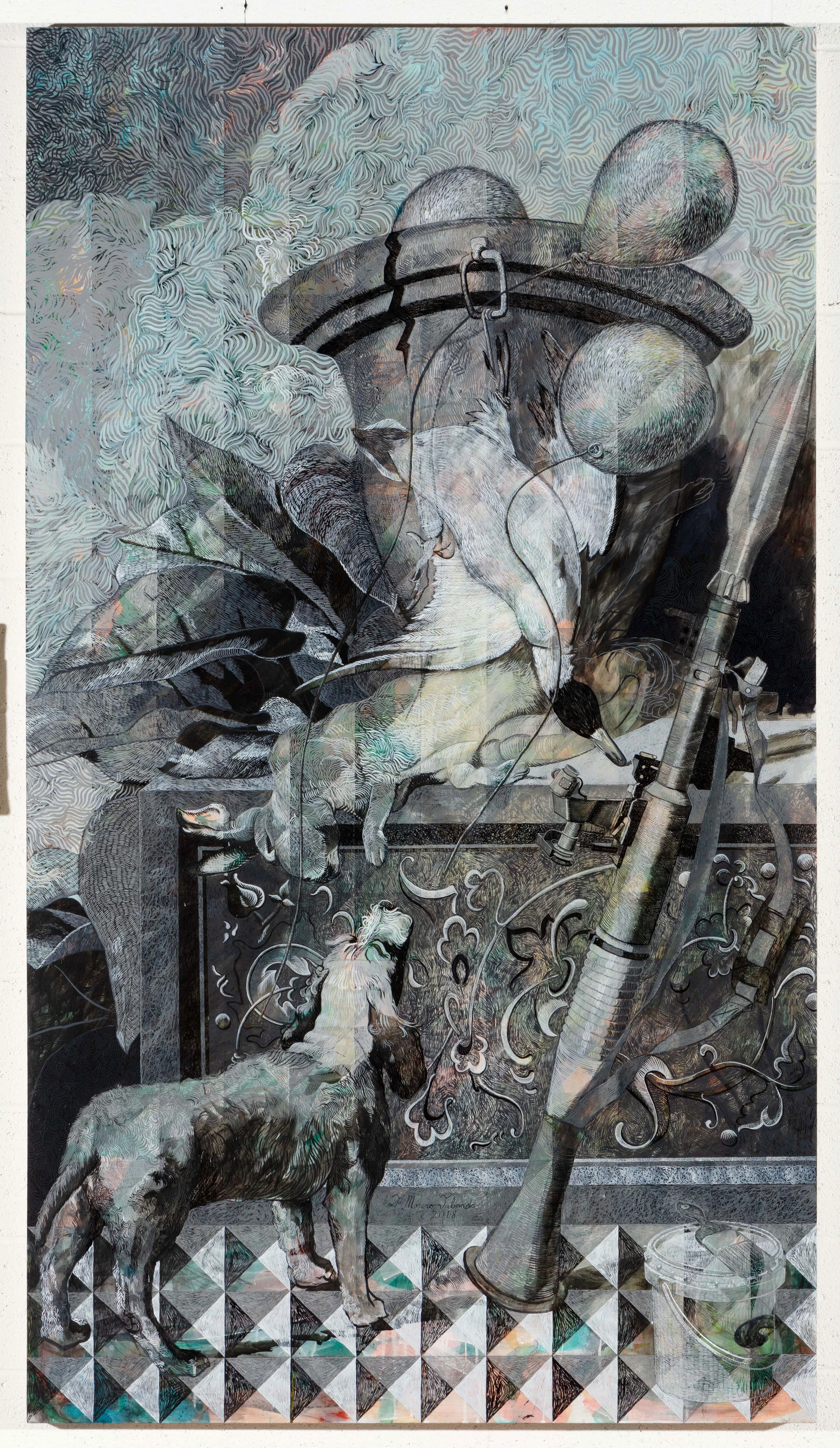 The Water Spaniel , 2018 graphite, charcoal, and acrylic on panel 84 x 48 inches