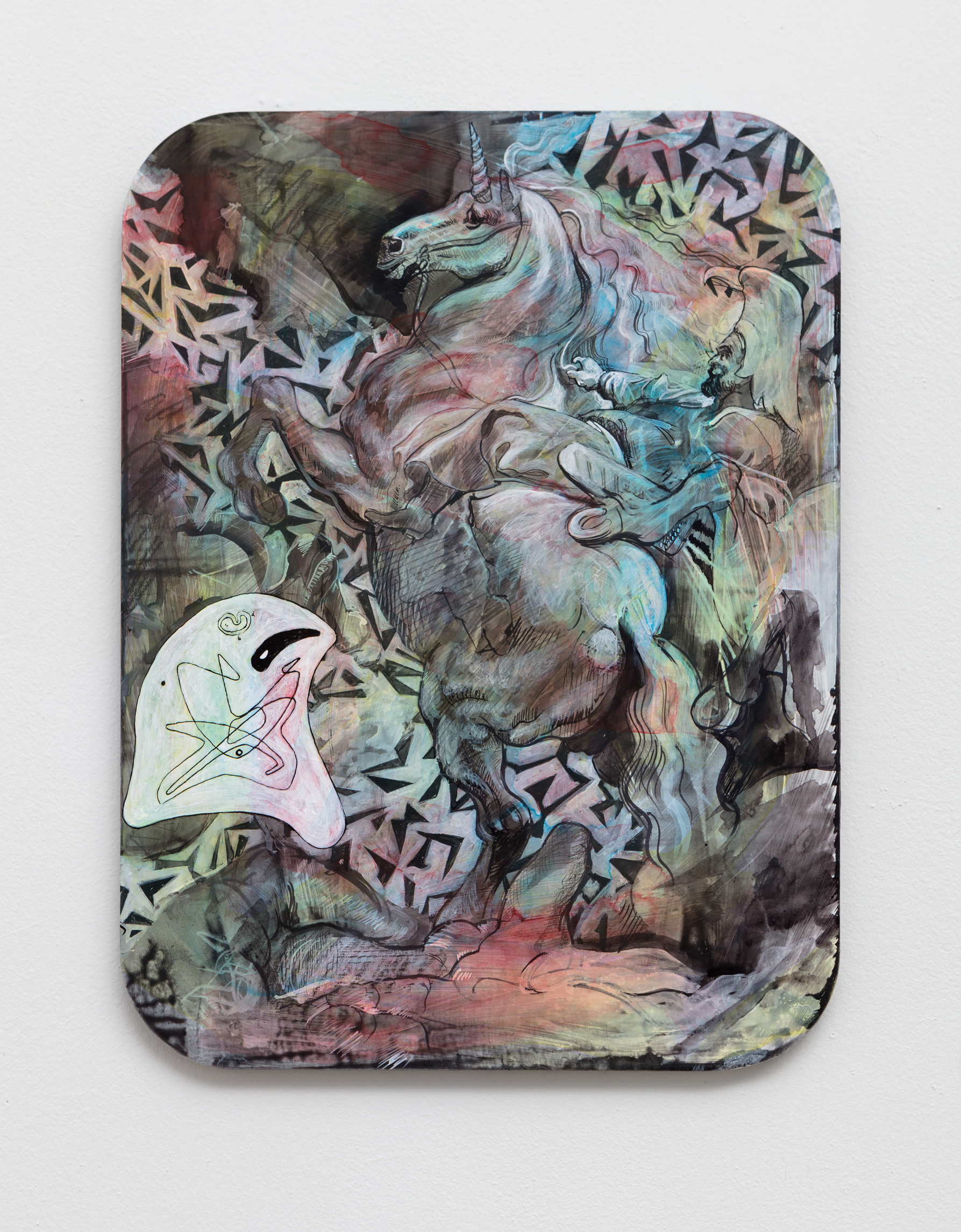 Unicorn , 2017 charcoal, pencil, and acrylic on panel 16 x 12 inches