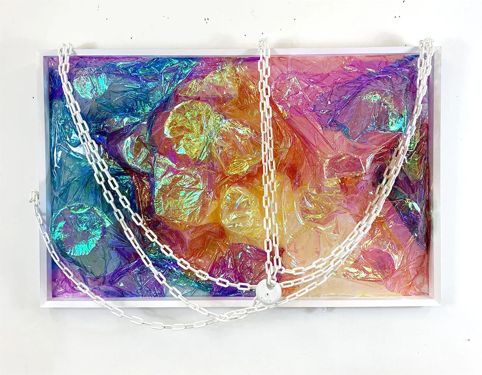 The First Bust Down 2019 Cellophane, Resin, Wood, Plastic Chain, Lock 30 in x 50 in x 14 in