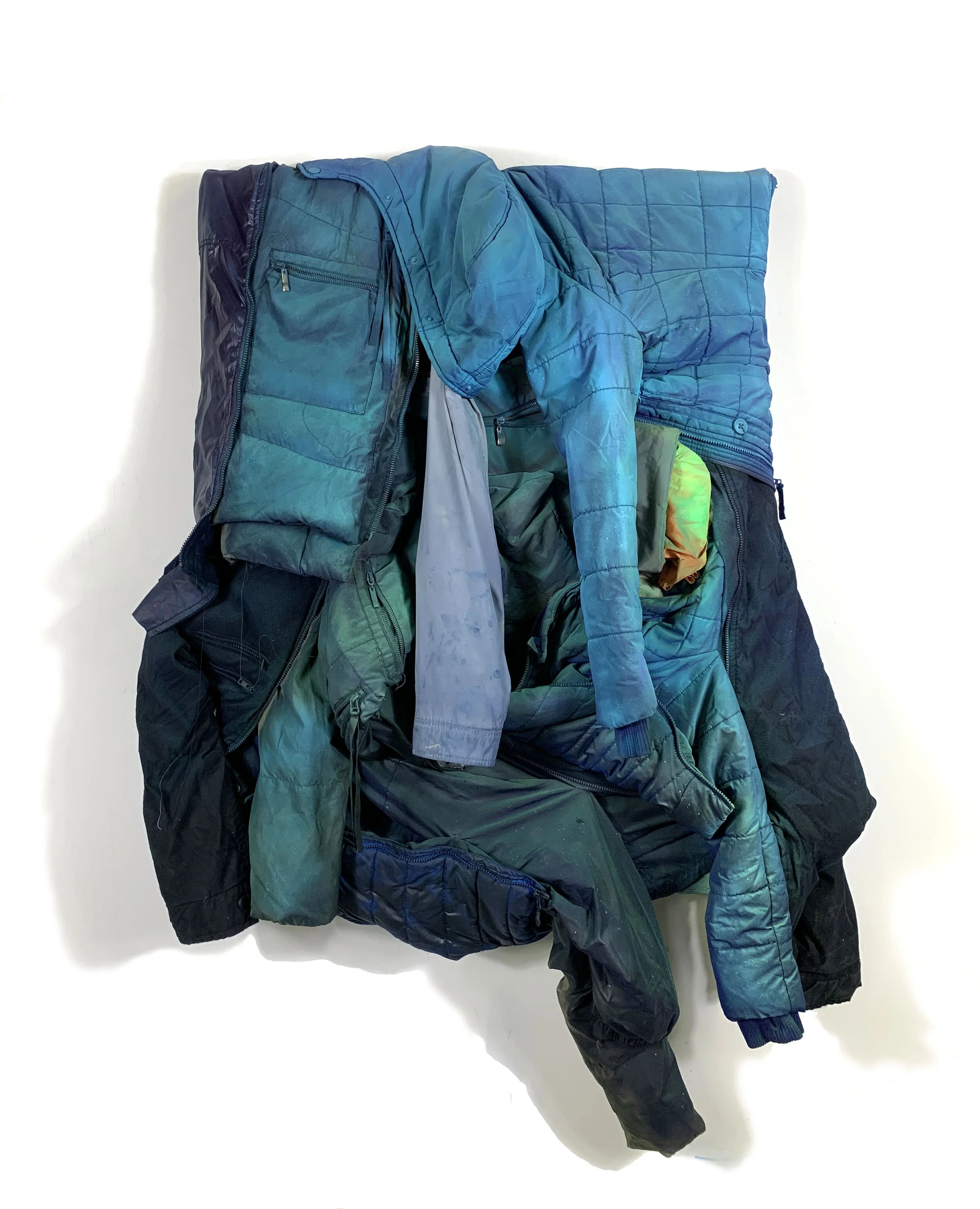  Home is where the shelter is  Upcycled jackets , nylon fibers, sodium crystals  40× 30 × 10  2021   