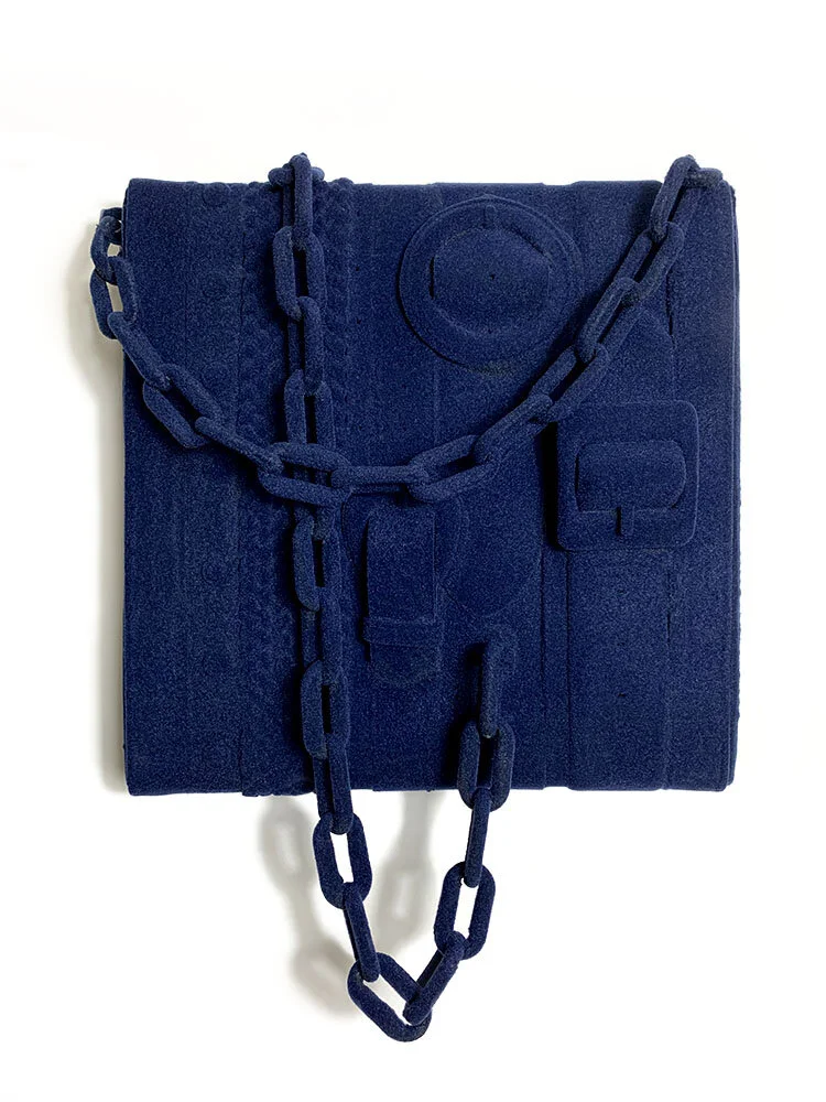  When to know the law  Up-cycled belts, nylon, chain, on panel  12” x 12” x 3”  2020 