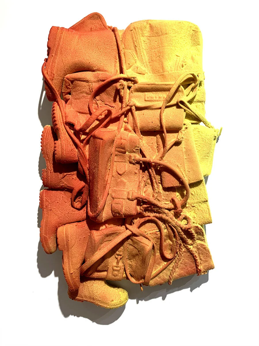  Radical Self Care  Up-Cycled clothing, nylon, acrylic on panel  48” x 24” x 6”  2020 