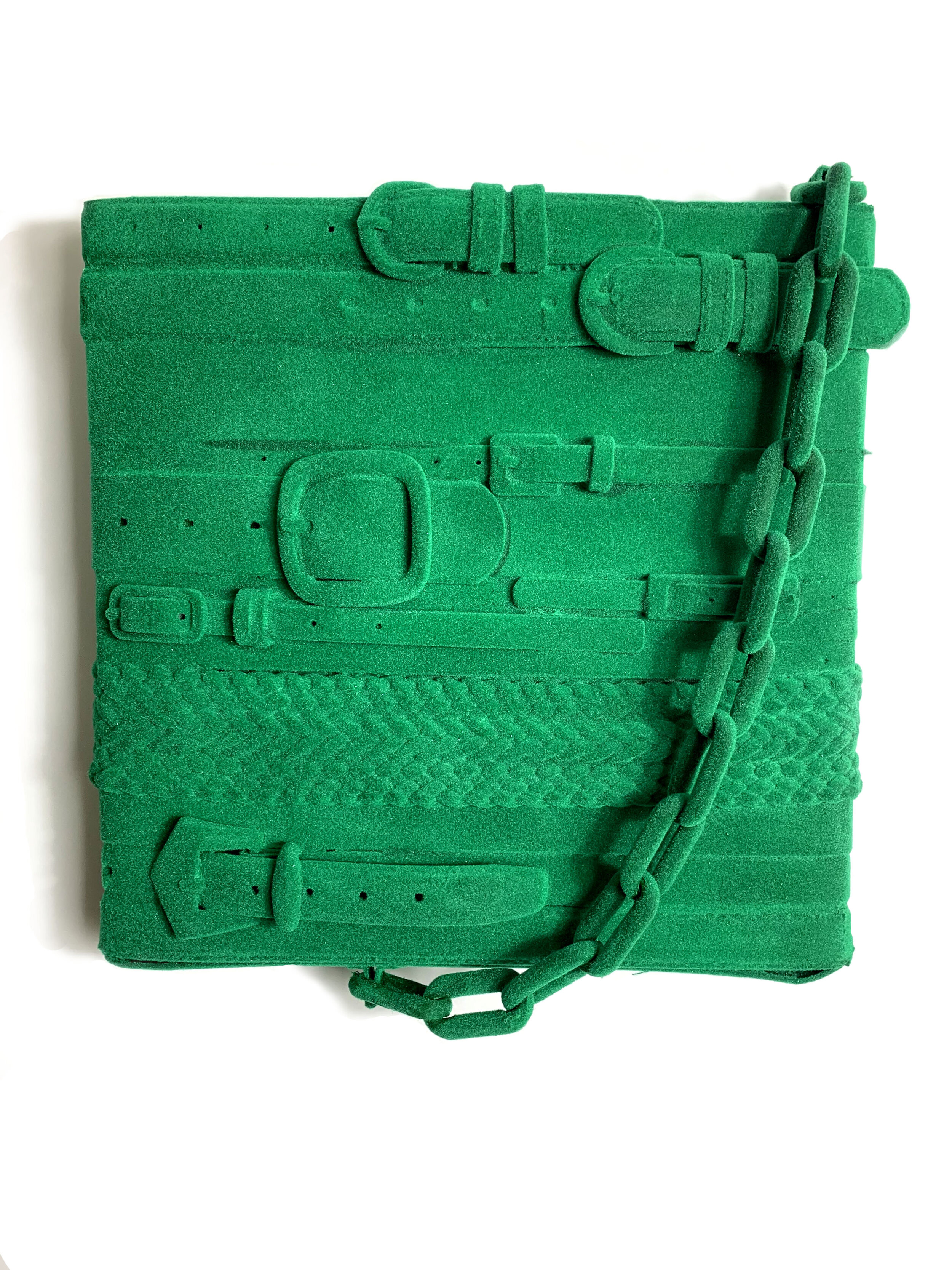  Fake it til you make it  Up-cycled belts, nylon, on panel  14” x 14” x 4”  2020 