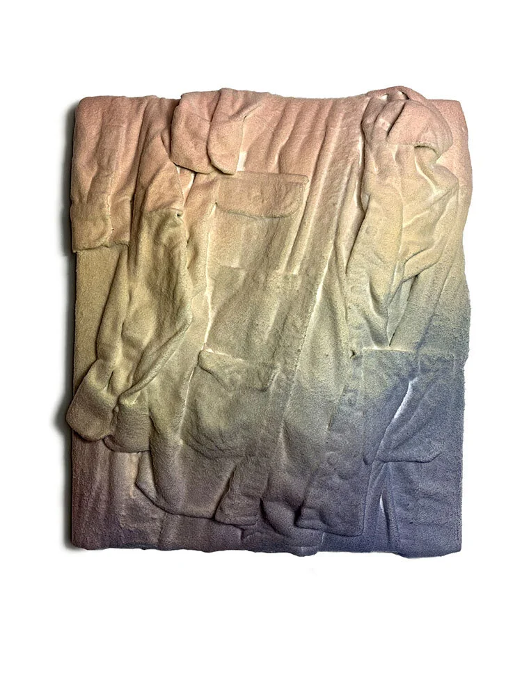   Work break  Up-cycled shirts, nylon, acrylic on panel  24” x 18” x  4  2020   