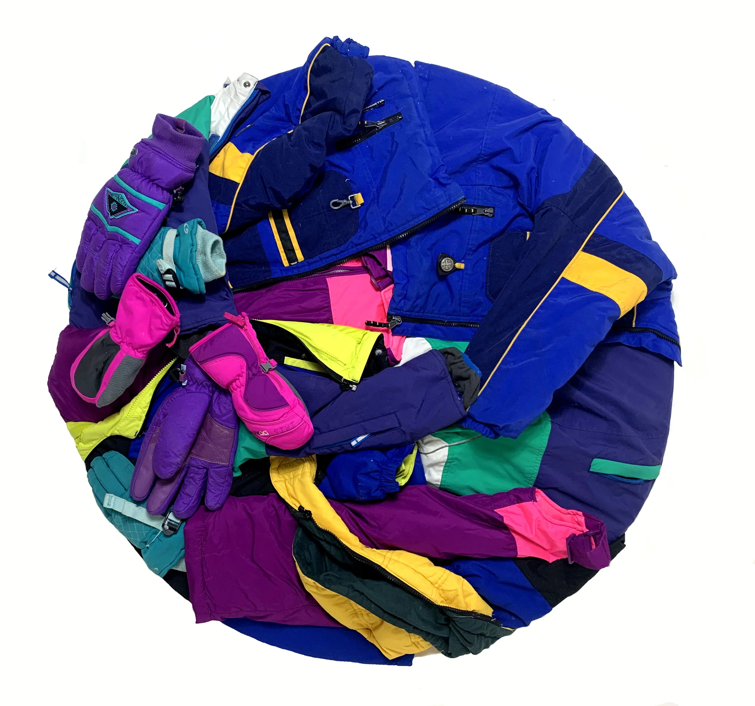  Winter Tondo  Up-cycled Jackets on panel  36” x 36” x 3”  2020 