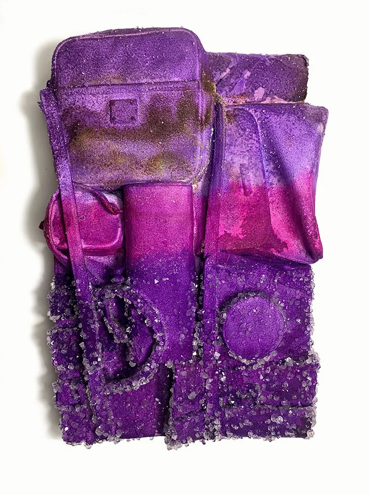  Life on the floor  Purses, Resin, Nylon fibers, dye, sodium crystals 24 in x 12 in x 3 in  2021 