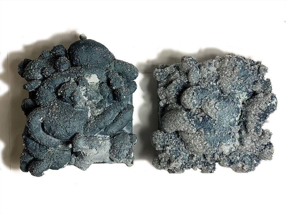  How the sausage gets made  Up-cycled stuffed animals, nylon, dye, sodium grown crystals on panel  13” x 13” x 5” (each)  2021 