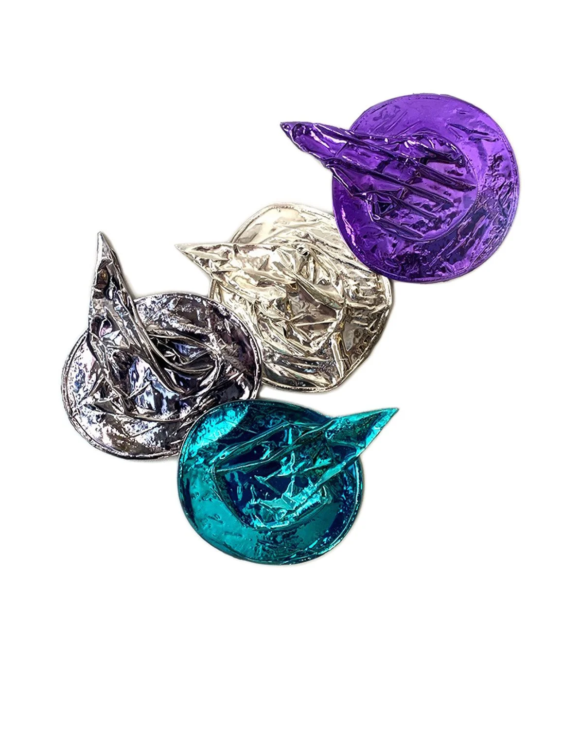  Social Cues  Witch hats, resin, sterling silver chrome, acrylic  40” x 36” x 3”  2023 