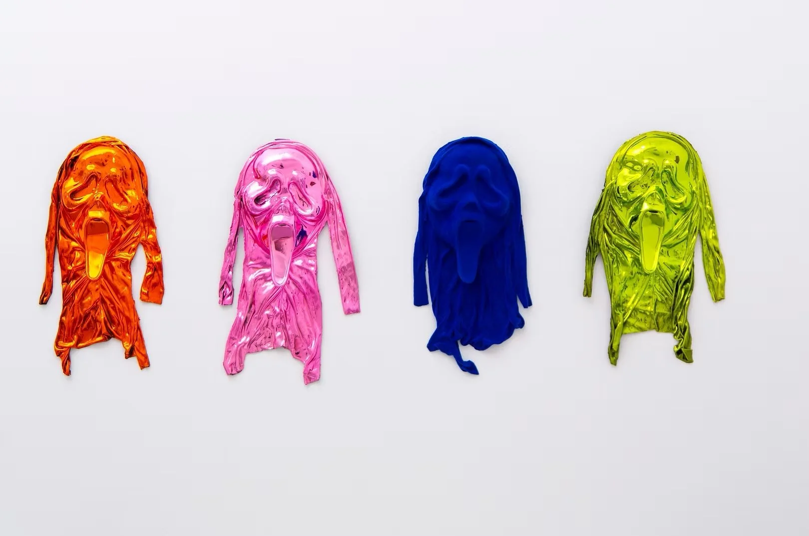  Taking it too far (After Anne Truitt)  Masks, resin, nylon, sterling silver chrome,   17” x 55” x 4”  2023 