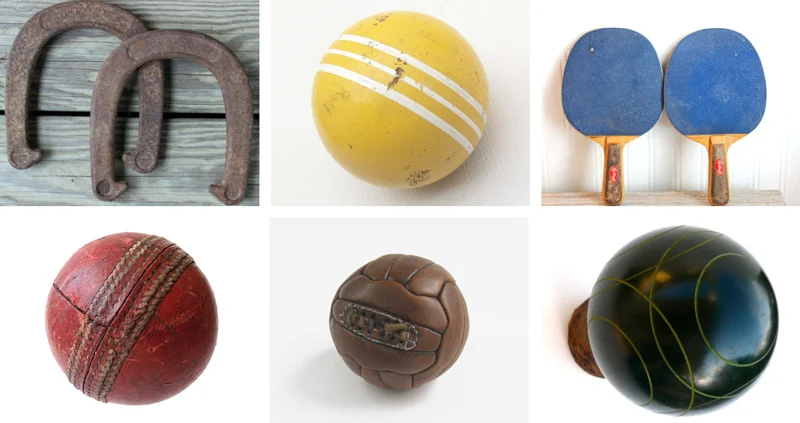 Royal St. Pierr horse shoes from Reneux // Vintage croquet ball from Broken Arrow Vintage // Vintage ping pon paddles from Molly Finds // Vintage cricket ball from CuriosAnCollectibles // Antique football from English Country Home // Bocce ball from My Other Foot's Laughing