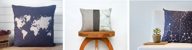 1. Map pillow case by Ideccor // 2. Organize patchwork pillow case by ClothandINK // 3. Organic galaxy pillow by Sewn Natural