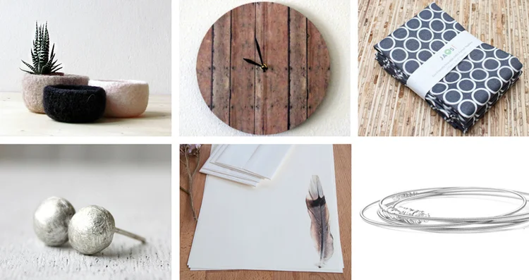 4. Organic felt bowl by The Yarn Kitchen // 5. Wood print wall clock by Shanny beebo // 6. Large cloth napkins by JAQ Studio // 7. Sterling silver stud earrings by Elisabeth Space // 8. Feather writing set by My Paper Kittens // 9. Silver bangle bracelets by DesignSea