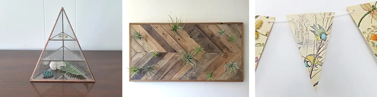 10. Lyra pyramid display box by ABJ Glassworks // 11. Reclaimed barn wood chevron wall panel by triple7recycled // 12. Eco-friendly paper garland by Peony and Thistle