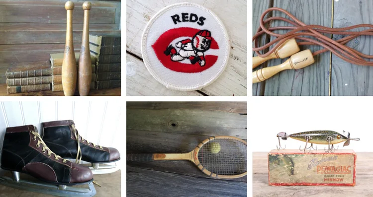  Antique juggling batons from Jans Vintage Stuff // Cincinnati Red patch from Crafty Little Bee // Muhammad Ali leather jump rope by KatieVTG // Vintage men's ice skates from Brightwood Lane // Bancroft tennis racket from Willoughby Lane // Antique wooden fishing lure from Vintage 05