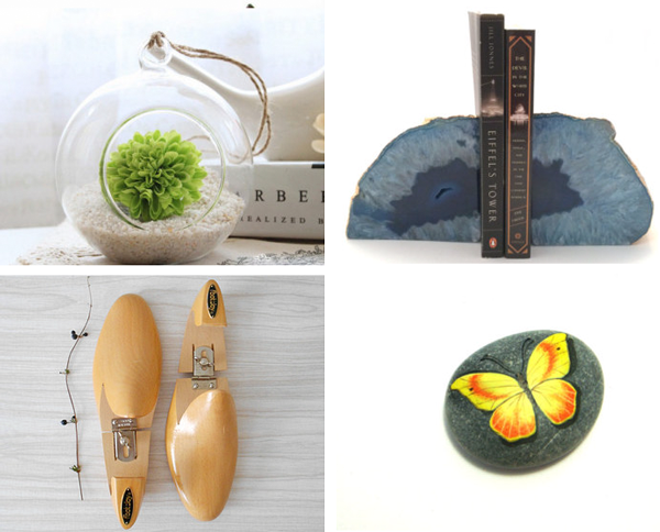 22. Hanging terrarium by MyLittlePlants // 23. Blue Agate gemstone bookends by Lemesto // 24. Vintage wood shoes from simplychi // 25. Painted butterfly stone by Fantasiedipietra 