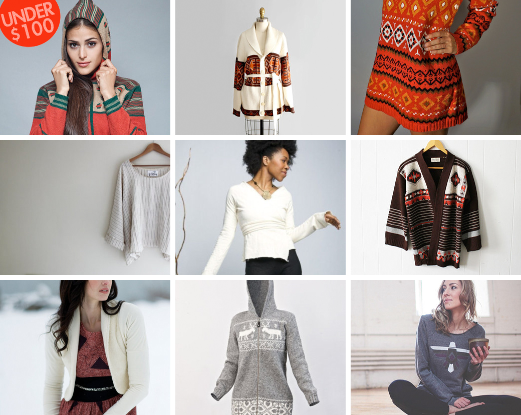 Vintage hooded sweater from shoprabbithole // Vintage cardigan from WhiteLightShop // Vintage sweater dress from BohemianSeed // Egyptian linen sweater by WindramDesign // Hemp wrap top by SweetSkins // Vintage Tribal sweater from ArcadyVintage // Organic hemp bolero by KellyLaneDesign // Wool hooded sweater from WoolHouseESHOP // Thunderbird pullover sweater by CinderAndSalt