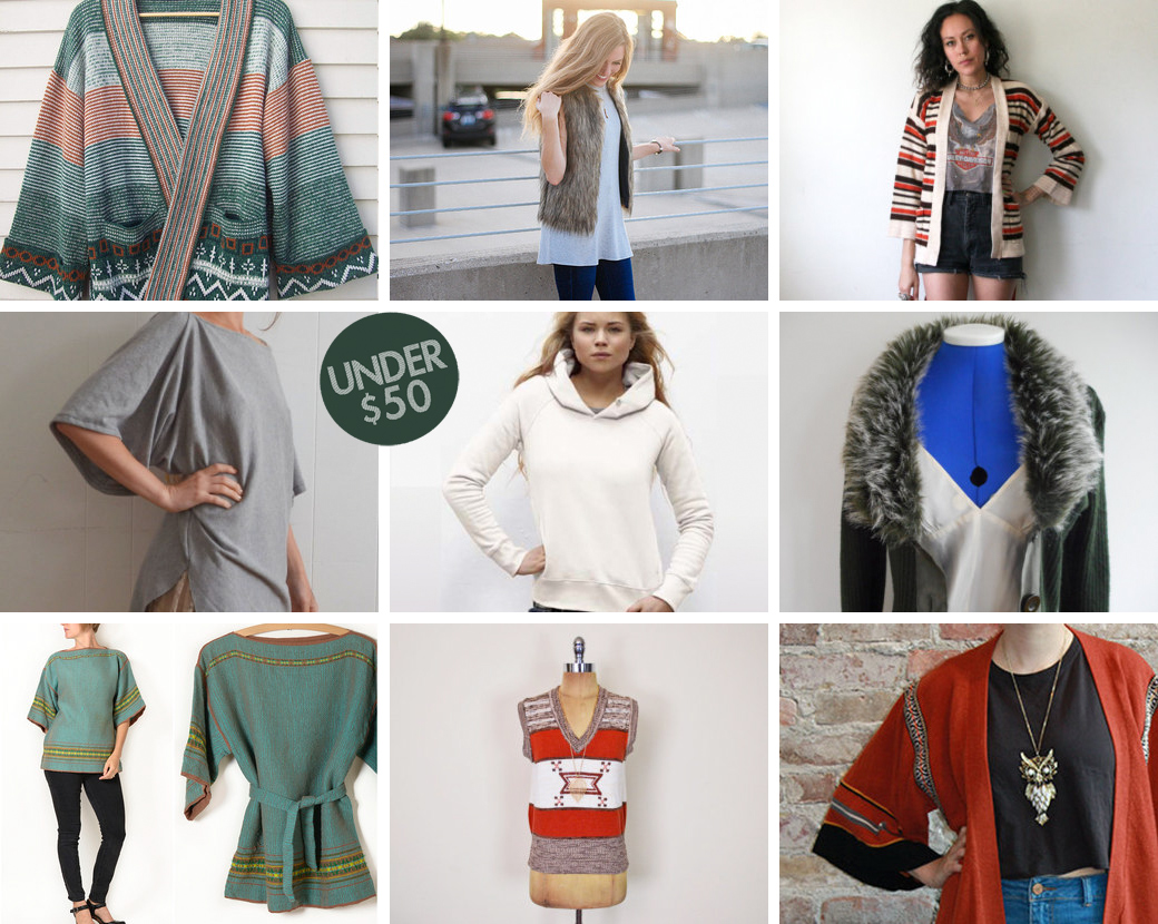Vintage space dye sweater from MaryAliceFeltLikeIt // Faux fur vest by SundayFashioner // Vintage striped cardigan from rustycuts // Organic cotton knit tunic by TheArtandFoundBrand // Custom designed organic hoodie by MyTeeToteSweat // Vintage faux fur sweater from MezzyMayVintage // Vintage knit tunic from ItinerantVintage // Vintage Southwestern sweater vest from trashyvintage // Vintage boho sweater from HOLYHAUNT 