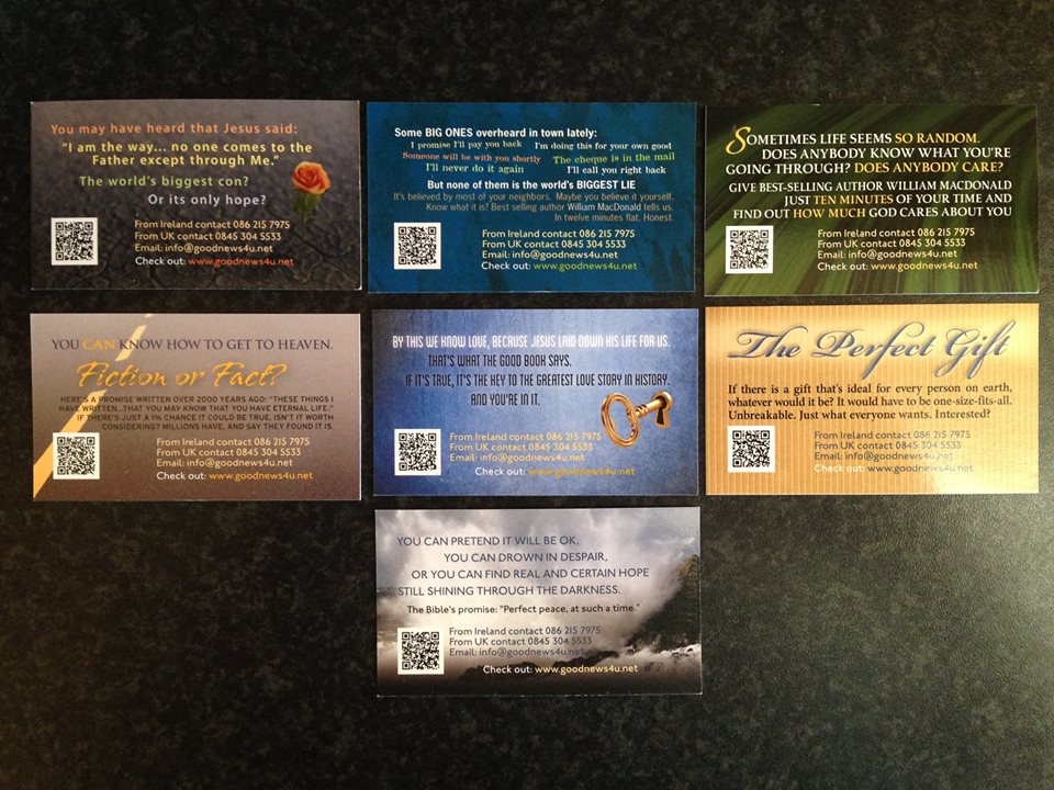 Reverse side of cards showing contact information and QR which takes people directly to a short gospel message linked to the theme of the card.