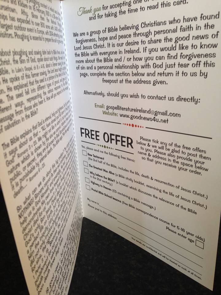 Inside cover of the A5 leaflet showing the free items available if people write in using the free-post address which is on the outside back cover.