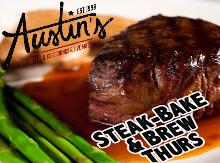 Thursday Night is steak, Bake & Brew Night 9oz Sirloin, Salt Crusted Baked Potato, Corn On The Cob, Texas Toast And A Cold Glass Of Bud.