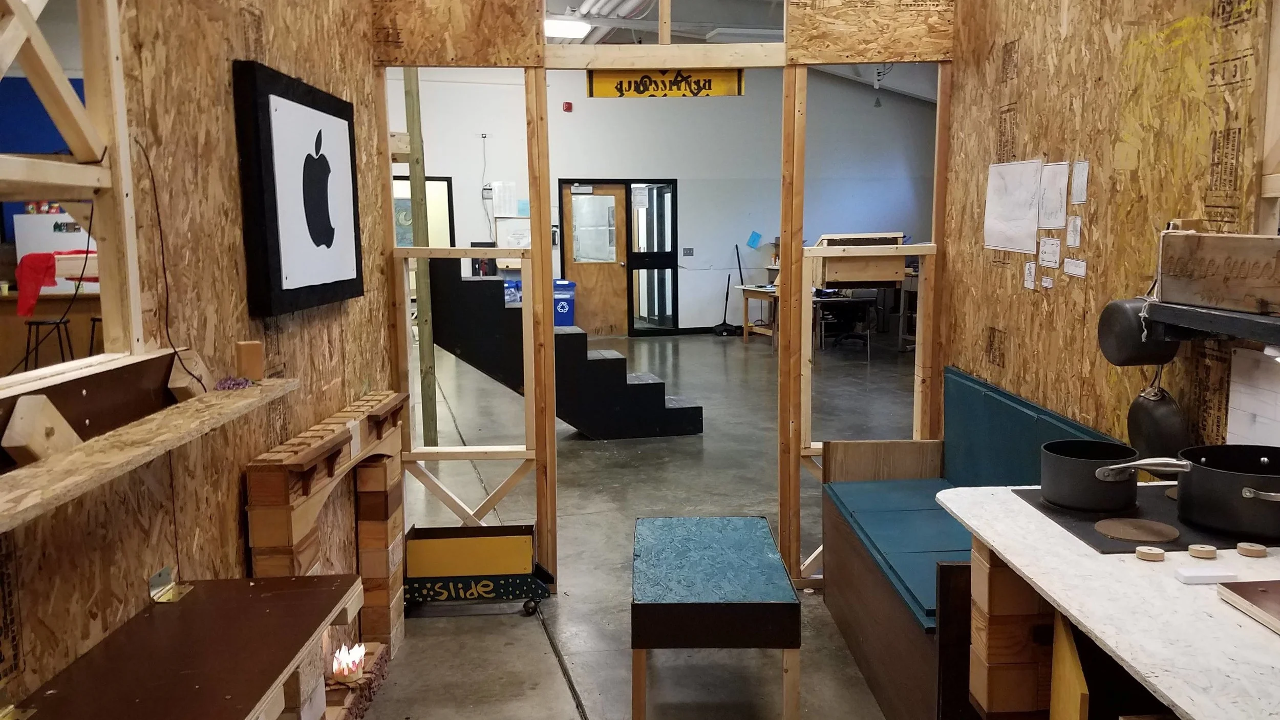 Looking from inside, out from full scale tiny house model.