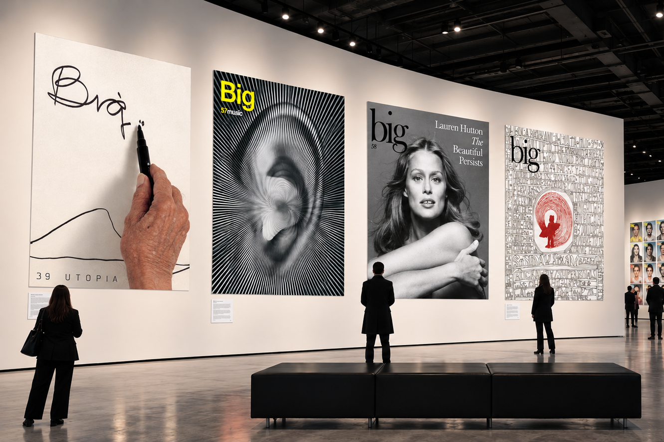 Exhibition visualisation showing large Big Magazine covers displayed in a gallery with visitors.