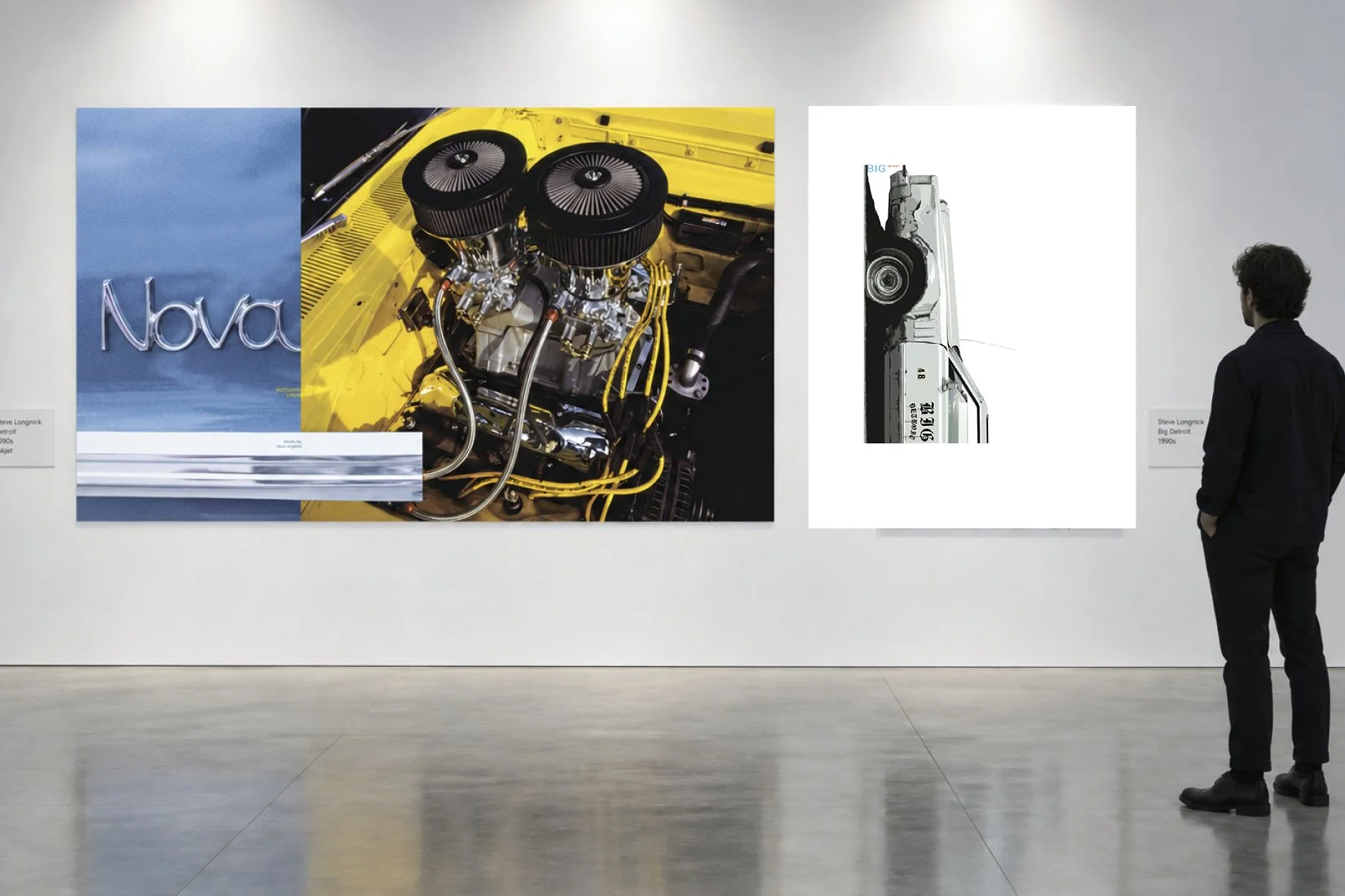 Gallery visualisation displaying Detroit car photographs, including a yellow engine and a vertical car image.