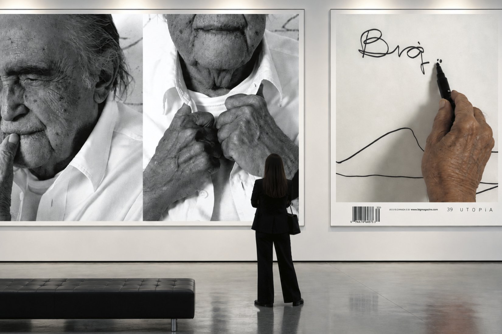 Exhibition visualisation with portraits of Oscar Niemeyer and the Utopia cover showing his hand drawing Big.