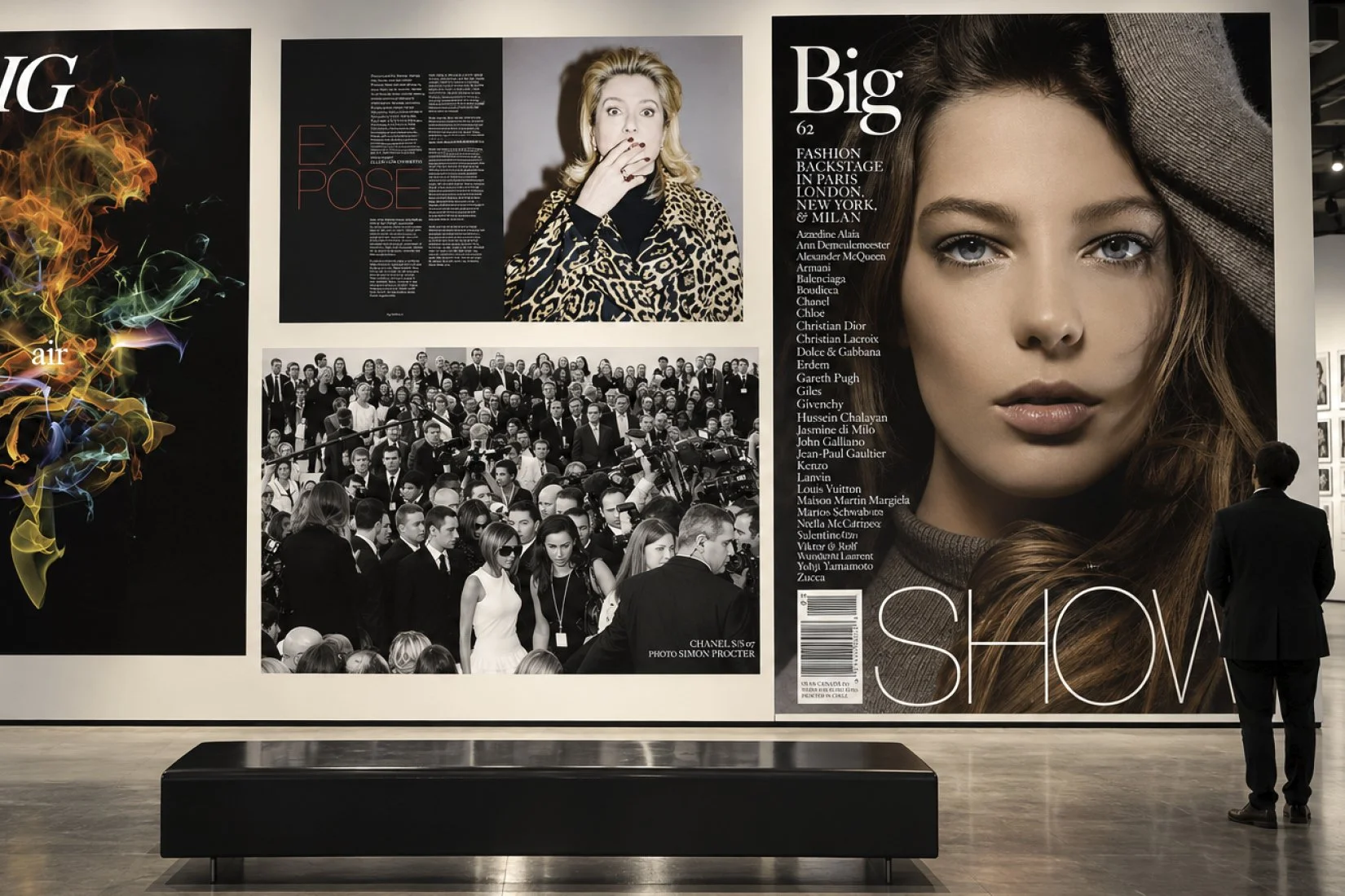 Exhibition visualisation combining Big Show cover photography, fashion portraits and a Chanel runway photograph.