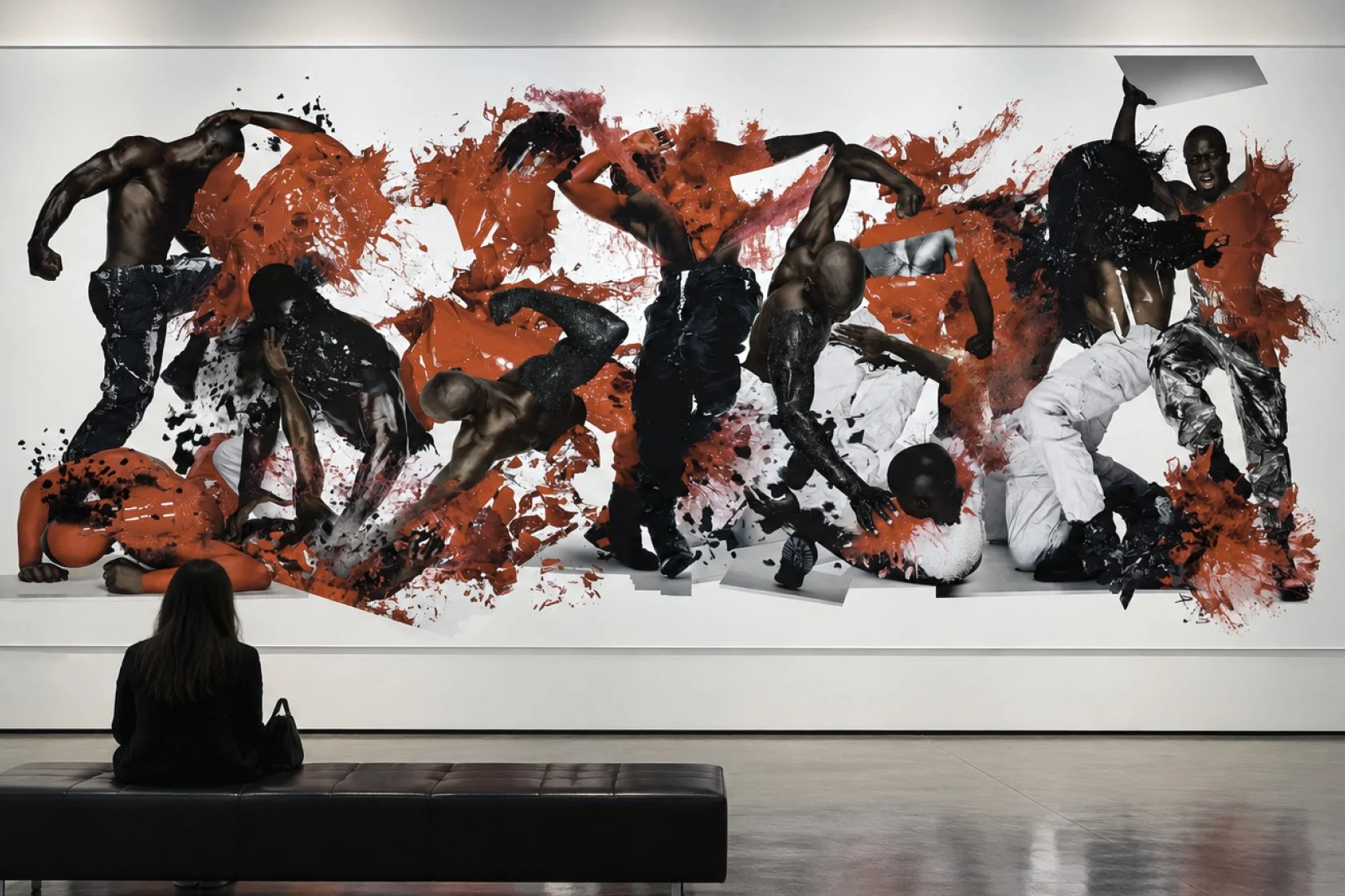 Gallery visualisation showing dynamic figures and splashes of red and black from WAR, photographed by Nick Knight.