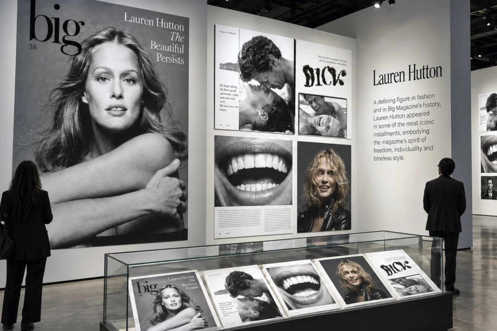 Exhibition visualisation with a large Lauren Hutton cover and photographs from The Beautiful Persists, Big Magazine No. 58.
