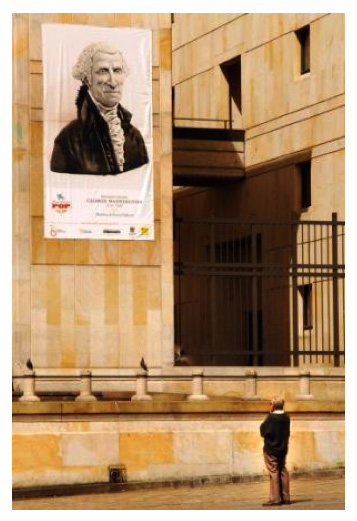 Huge banner of the George Washington Head hanging out side the Plaza de Bolivar Bogotá Colombia
