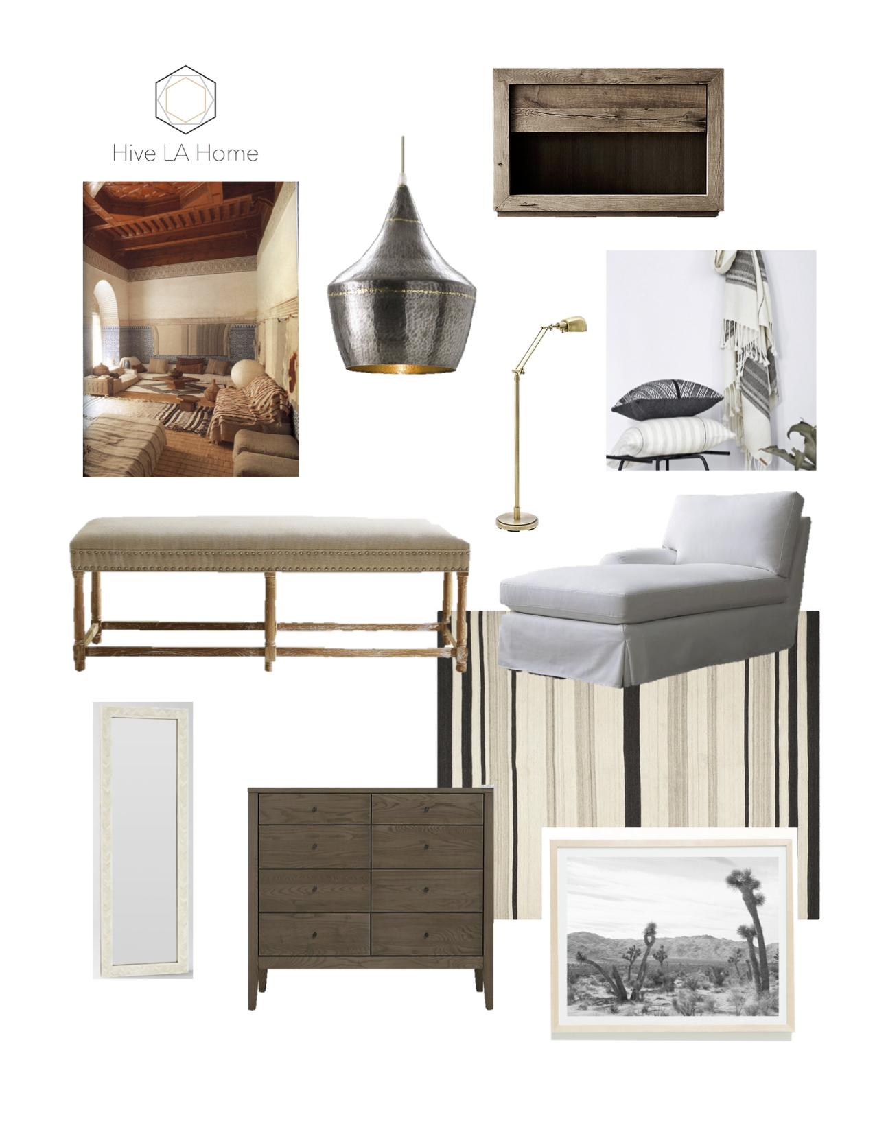 Mason 1 Light Sconce, Arteriors Home ; Reclaimed Russian Oak Open Nightstand, Restoration Hardware ; Assorted PIllows and Accessories, The Citizenry ; House of Troy Antique Brass Floor Lamp, Lamps Plus ; Cornelia Bench, One Kings Lane ; Elyson Slipcovered Chaise Lounge, Crate and Barrel ; Bone Inlay Parsons Mirror, West Elm ; Hudson 6-Drawer Dresser, Room and Board ; Handwoven Moroccan Dhurrie, Safavieh, overstock.com ; Black and White Print, Joshua Trees #4, WilderCalifornia, etsy.com . Image credit: bighardsun.tublr.com