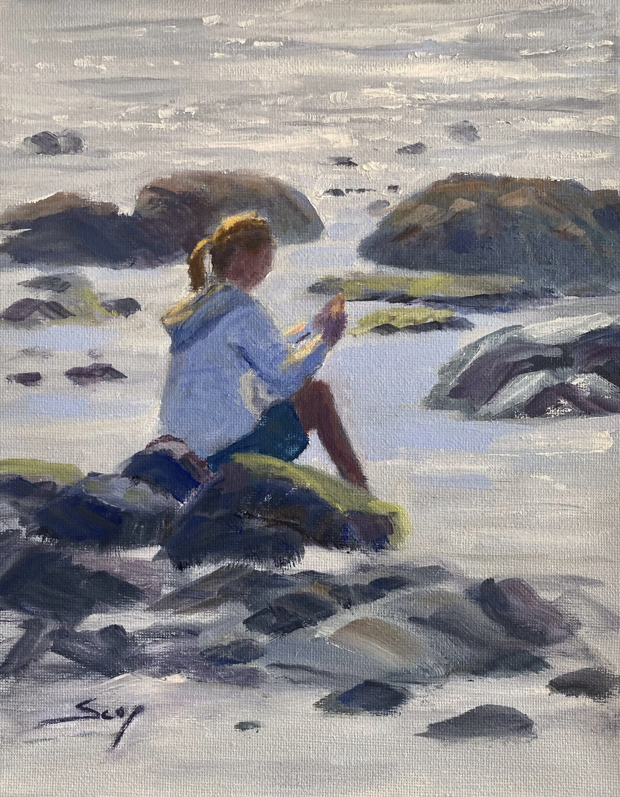 Checking Messages  8x10. oil on canvas  $350.     UNFRAMED