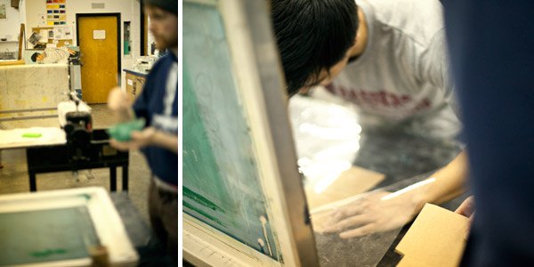 Mike and Dan screen printing The Sun Will Rise back in 2011.
