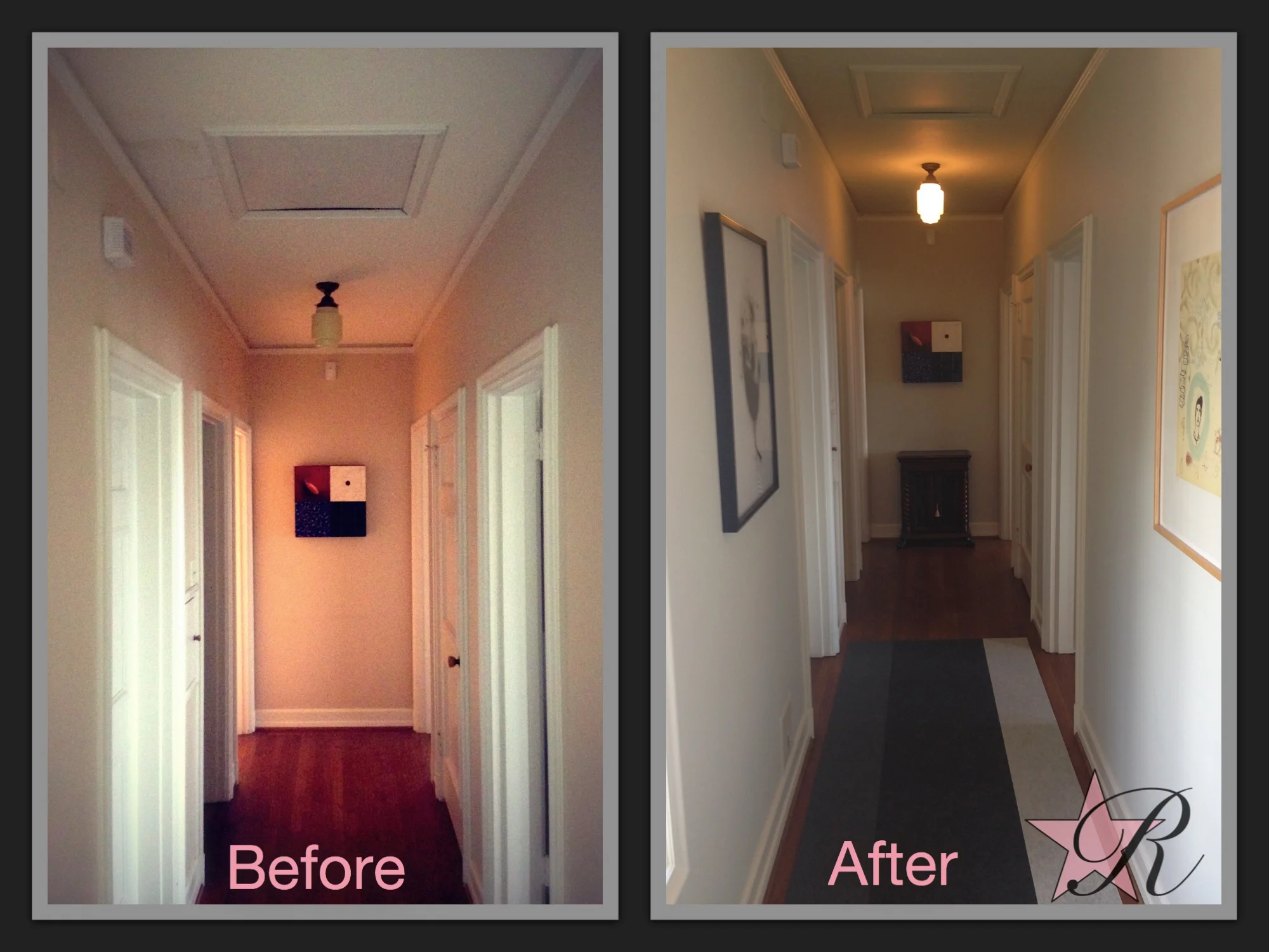 The peach walls were repainted using a British paint by Farrow & Ball , a high quality paint that Sherwin Williams reports to be able to reproduce its shades. 