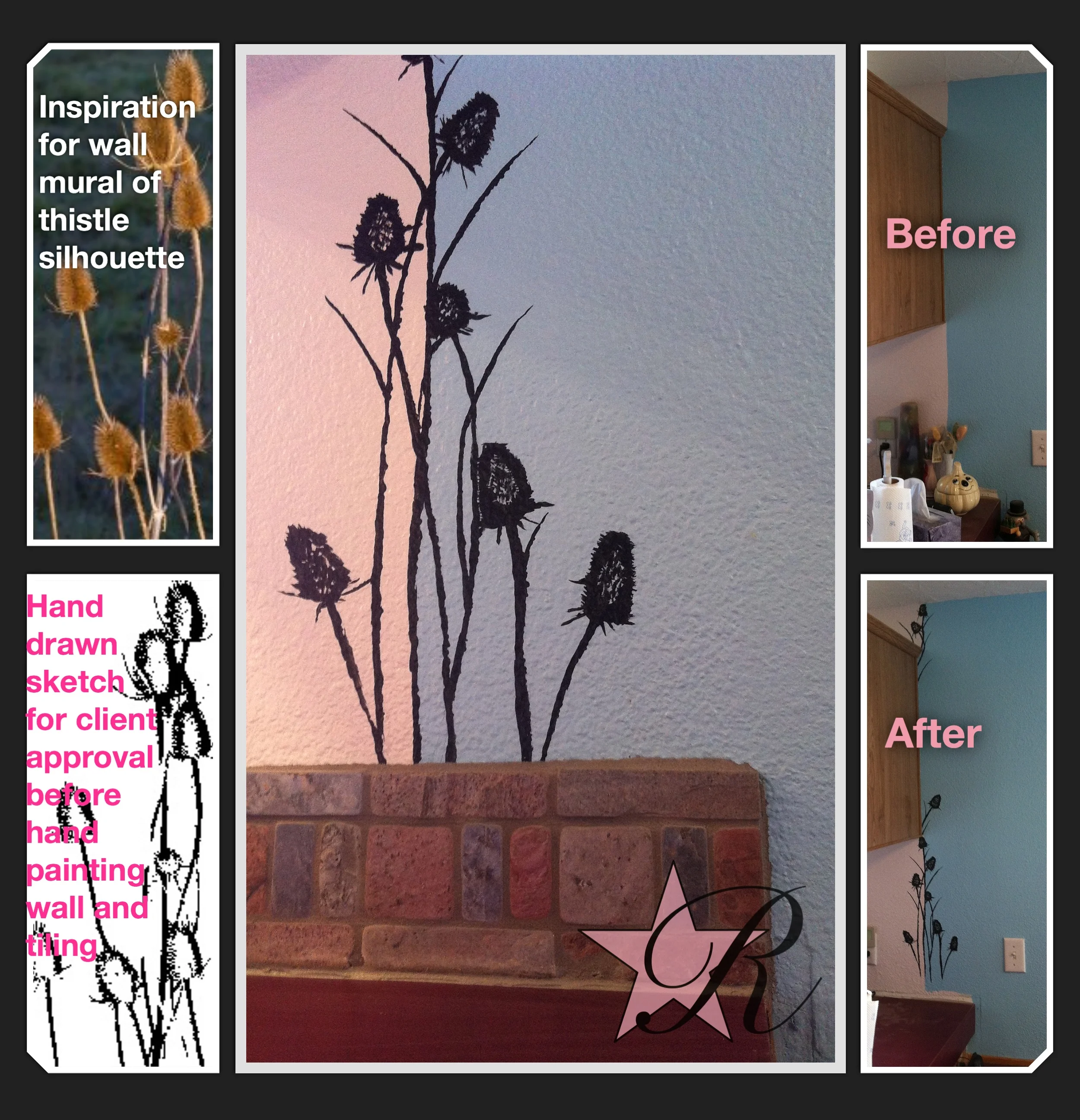 The customer wanted two different colors to differentiate the kitchen from the dining room at this juncture. Rockstar Remodel suggested adding some sort of transition and hand-painted a thistle at the client's request before installing a tile backsplash.