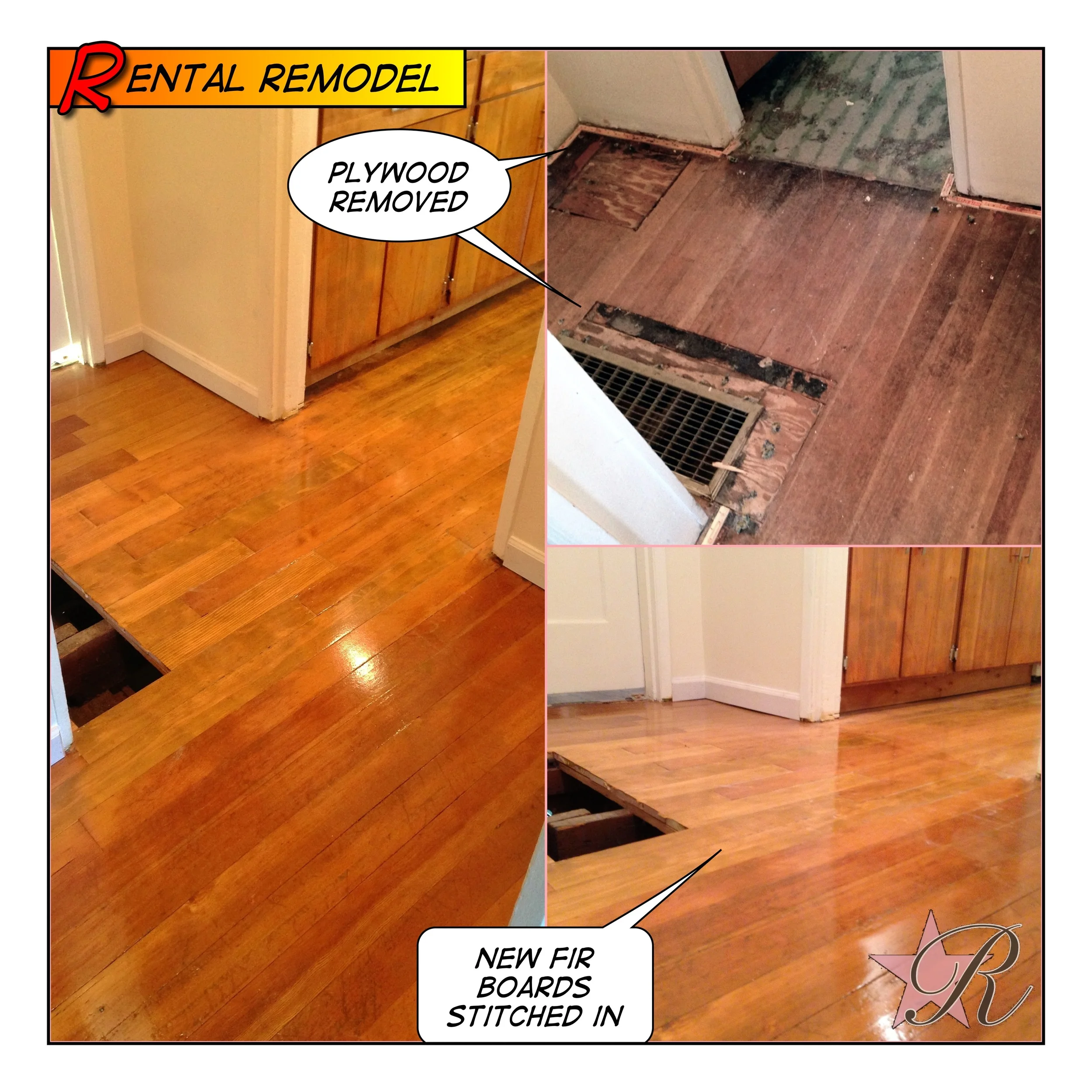Previously, the vent was cut too large and filled with plywood. Rockstar Remodel stitched in new hardwood flooring and refinished the floor to match