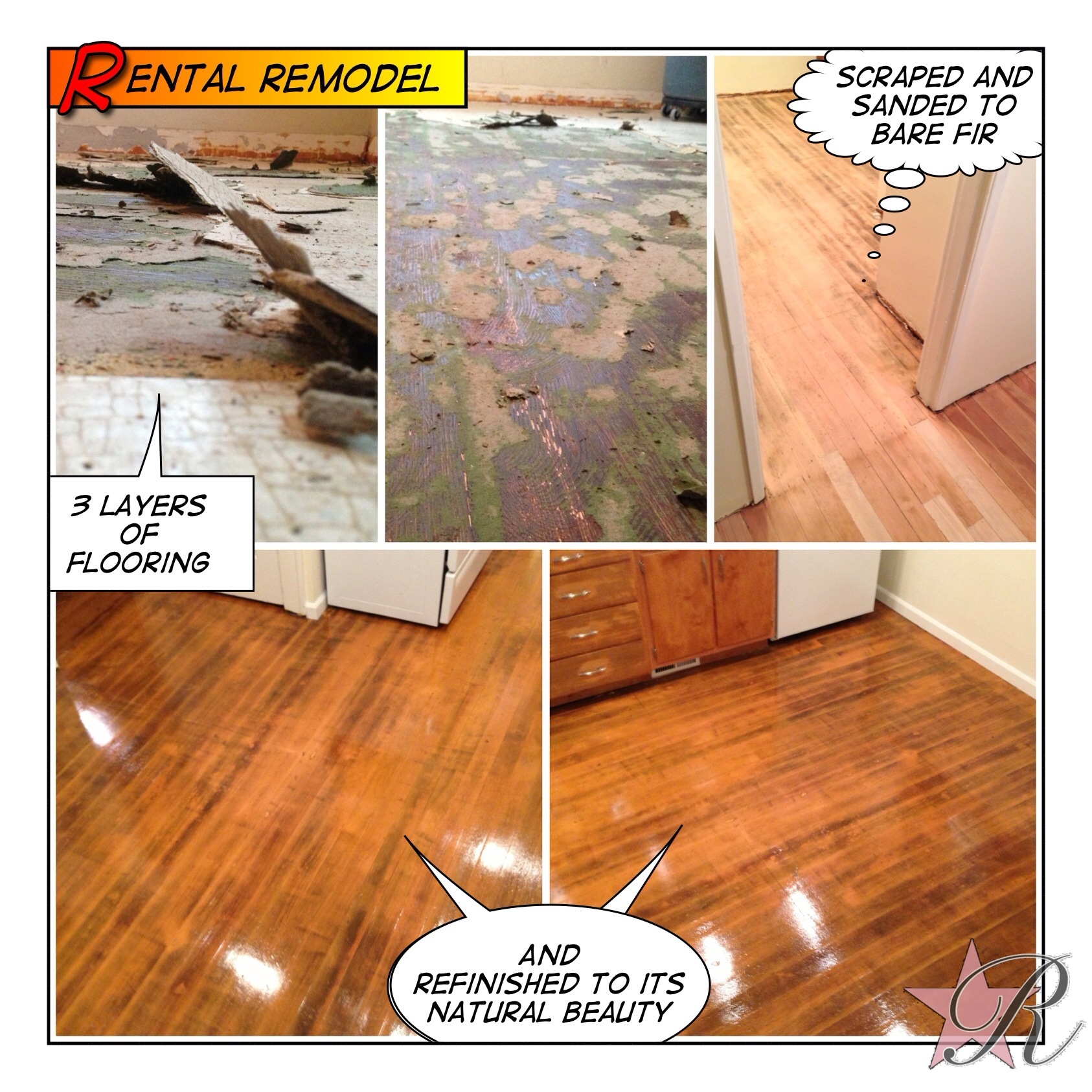 Rockstar Remodel peeled up three layers of vinyl and refinished the hardwood flooring found underneath.