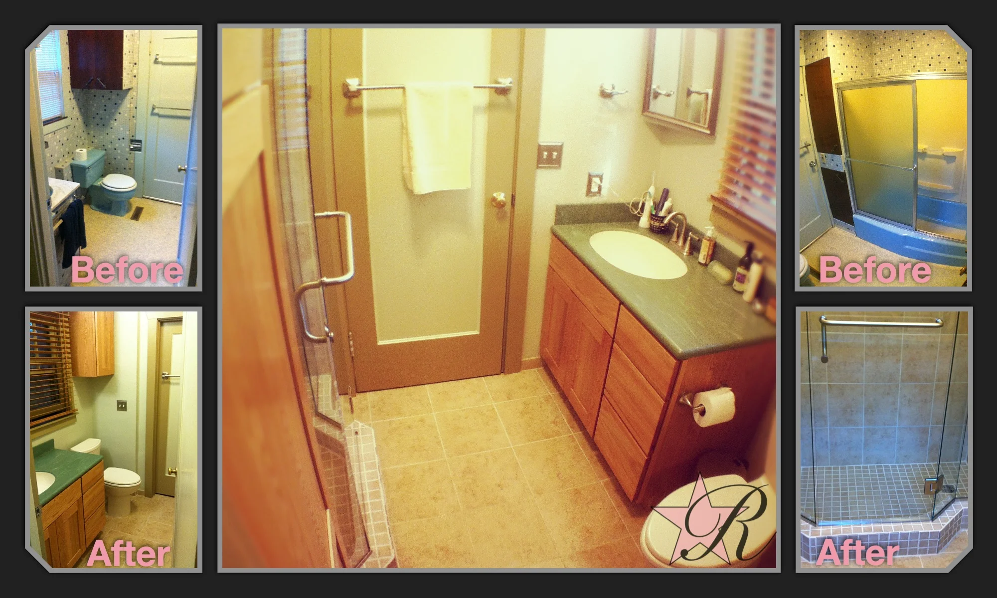 Rockstar Remodel followed the homeowner's plans, demo'ing the old bathroom and building a new, roomier tile shower, installing new cabinets and a tile floor, and painting the walls, door and trim. Also, the medicine cabinet was moved to a more space-saving and useful position. 